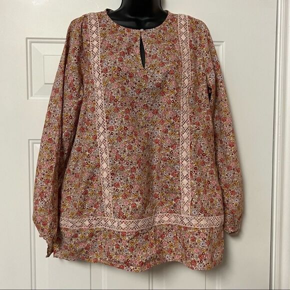 Lands’ End Floral Pink Pattern Lace Tunic Split Hem Cottage Popover Top M 10 12 - Picture 1 of 16